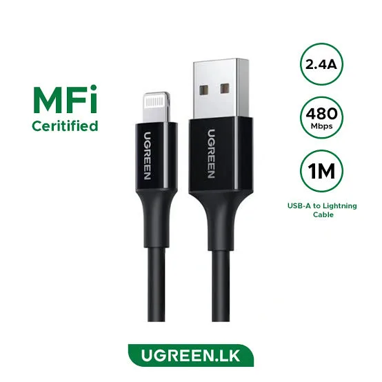 UGREEN USB-A Male إلى Lightning Male كابل طلاء نيكل ABS هيكل 1m (أسود)US288