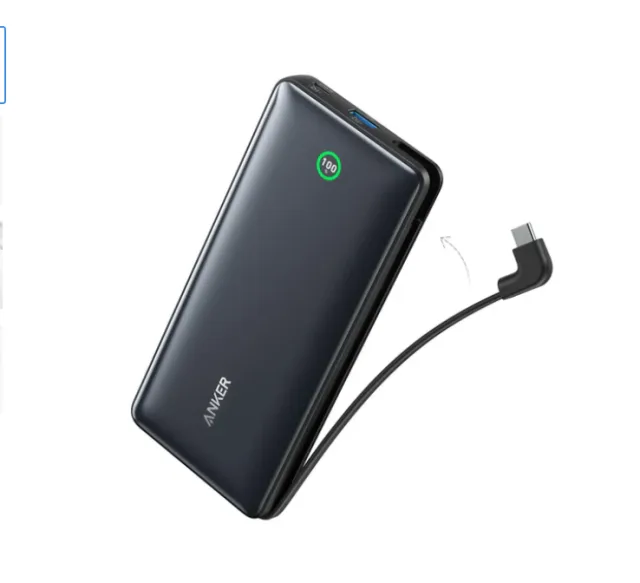 باور بنك أنكر نانو (20,000 مللي أمبير، 30 واط، بكابل USB-C مدمج) – أسود