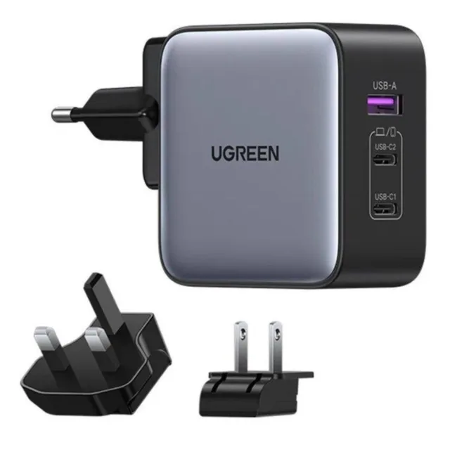 UGREEN Nexode GaN 65W سريع شاحن USB CC كابل (3-منفذ) CD296 أسود