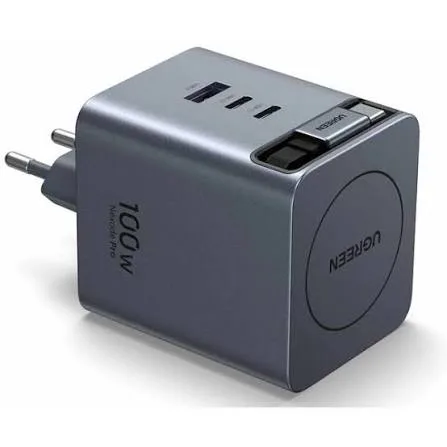 UGREEN 100W GaN سريع شاحن مع قابل للسحب كابل (3-منفذ) (رمادي فلكي)